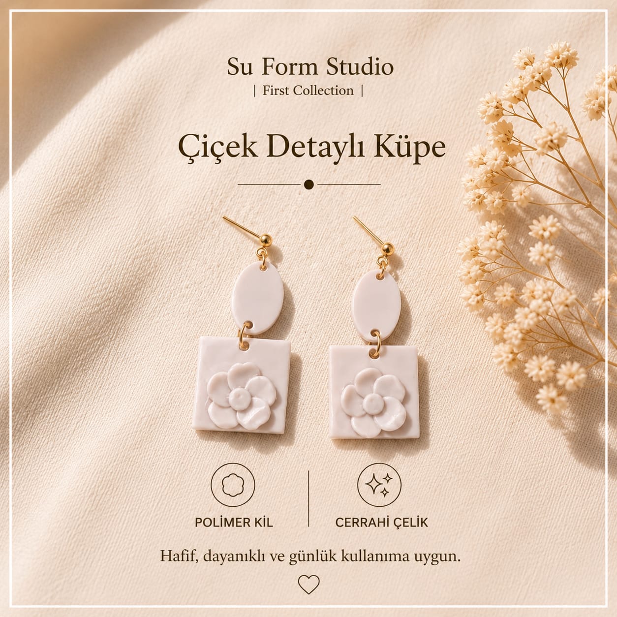 Çiçek Detaylı Küpe — Bej